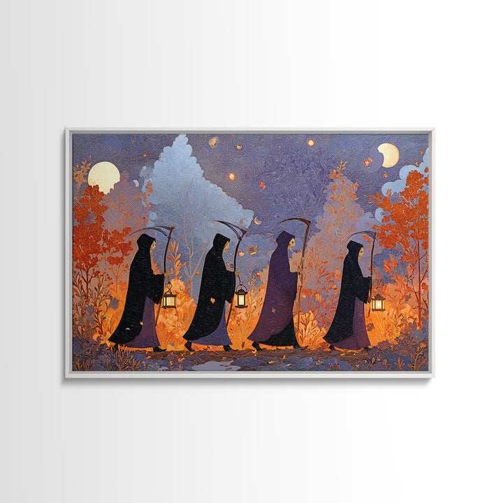 The Autumn Reaper Parade - Surreal Celestial Vision, Spooky Wall Decor, Landscape Wall Art, Framed Canvas Print, Halloween Home Decor