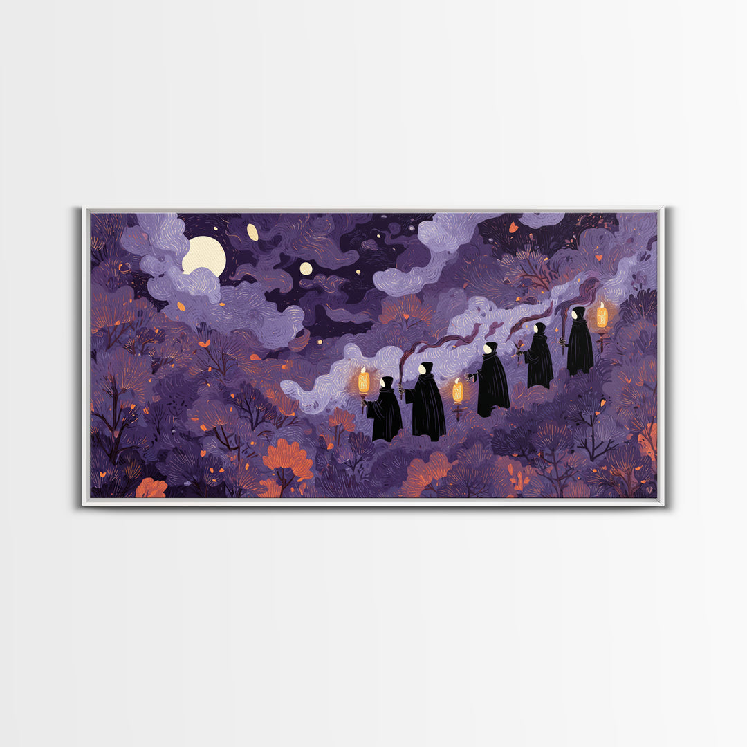 The Autumn Reaper Parade - Surreal Celestial Vision, Gothic Home Decor, Wide Panoramic Art, Canvas Print, Halloween Home Decor