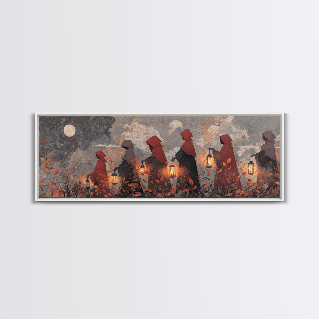 The Autumn Reaper Parade - Surreal Celestial Vision, Spooky Wall Decor, Extra Wide Wall Art, Framed Canvas Print, Halloween Home Decor