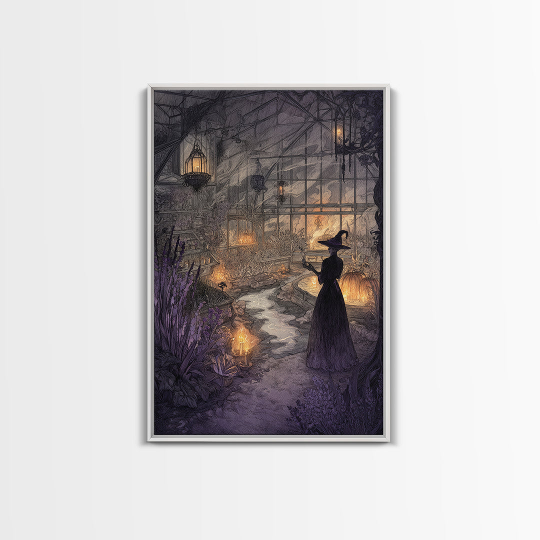 The Witch Queen Greenhouse - Environmental Panorama, Halloween Wall Art, Vertical Wall Art, Framed Canvas Print, Halloween Home Decor