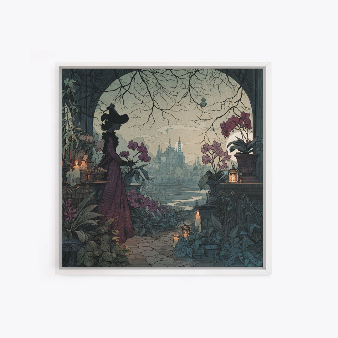 The Witch Queen Greenhouse - Environmental Panorama, Spooky Wall Decor, Square Wall Art, Framed Canvas Print, Halloween Home Decor