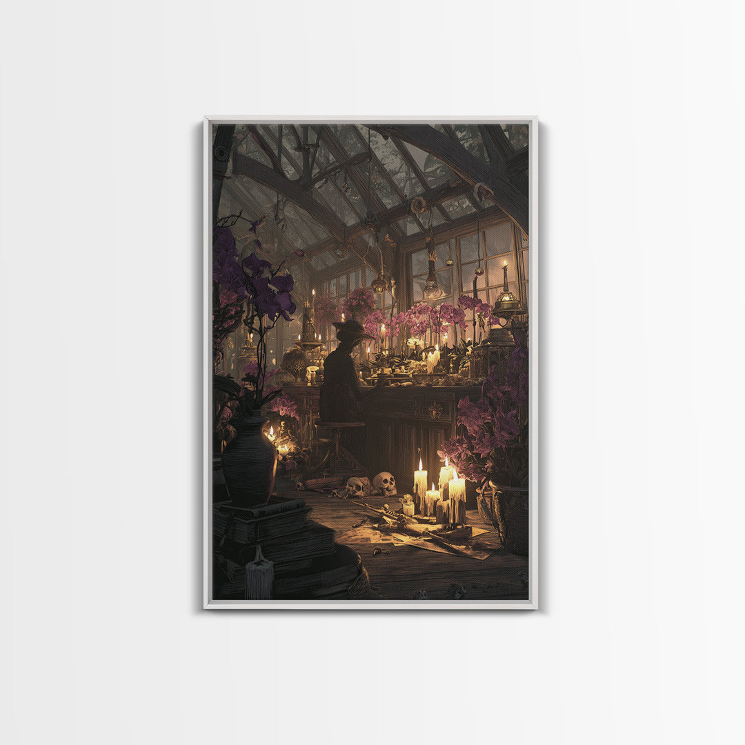 The Witch Queen Greenhouse - Occult Still Life, Macabre Halloween Art, Vertical Wall Art, Framed Canvas Print, Halloween Home Decor