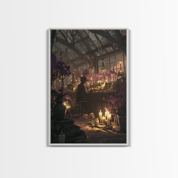 The Witch Queen Greenhouse - Occult Still Life, Macabre Halloween Art, Vertical Wall Art, Framed Canvas Print, Halloween Home Decor