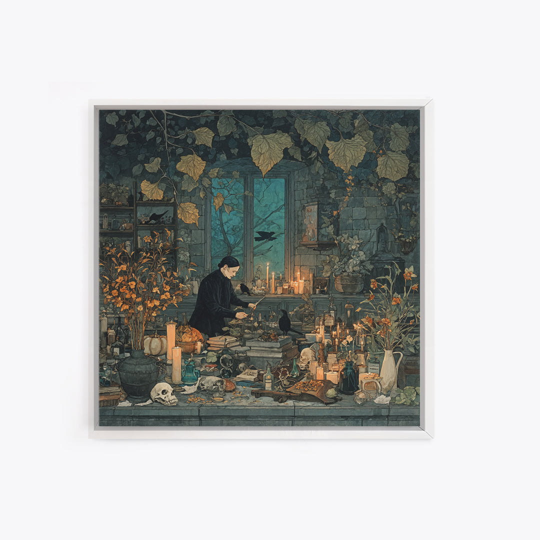 The Witch Queen Greenhouse - Occult Still Life, Gothic Home Decor, Square Wall Art, Canvas Print, Halloween Home Decor, Gothic Wall Art