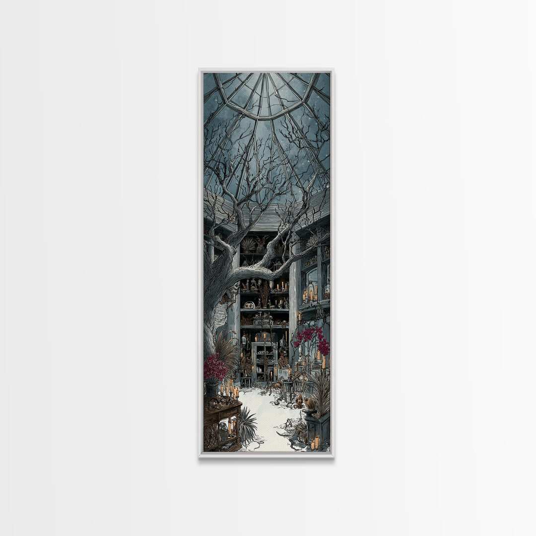 The Witch Queen Greenhouse - Occult Still Life, Spooky Wall Decor, Tall Narrow Wall Art, Framed Canvas Print, Halloween Home Decor