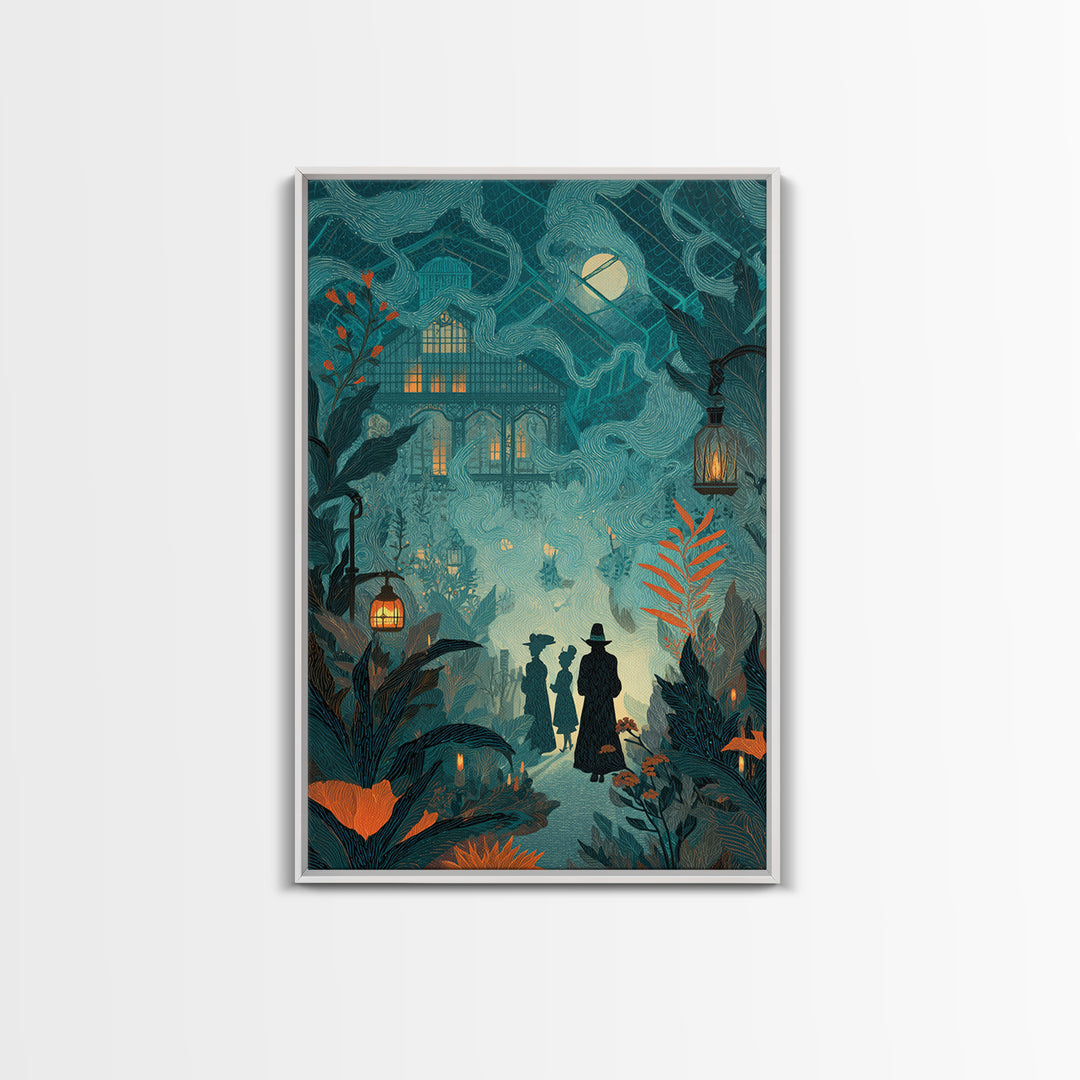 The Witch Queen Greenhouse - Procession Scene, Macabre Halloween Art, Vertical Wall Art, Framed Canvas Print, Halloween Home Decor
