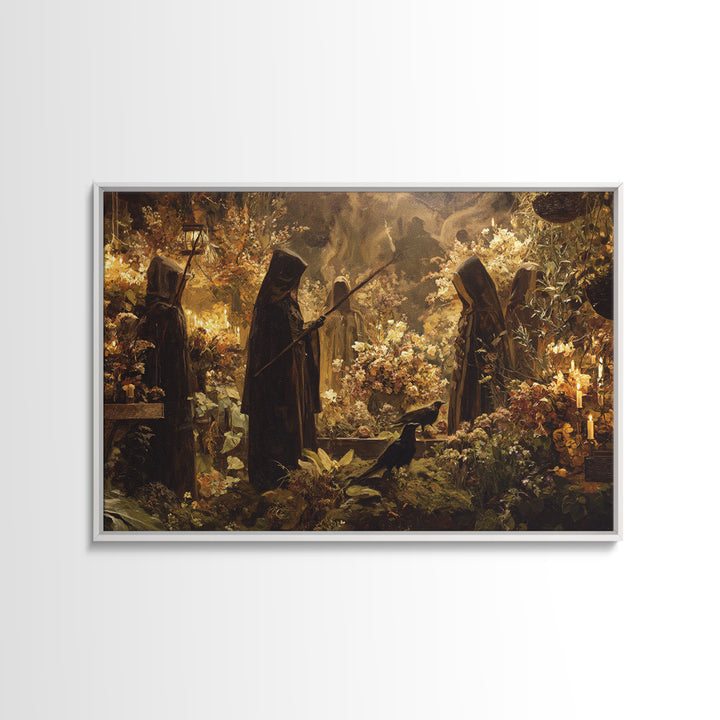 The Witch Queen Greenhouse - Procession Scene, Spooky Wall Decor, Landscape Wall Art, Framed Canvas Print, Halloween Home Decor