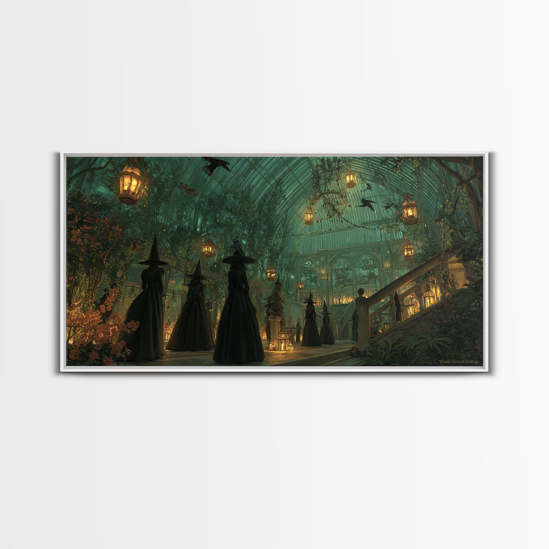 The Witch Queen Greenhouse - Procession Scene, Spooky Wall Decor, Wide Panoramic Art, Framed Canvas Print, Halloween Home Decor