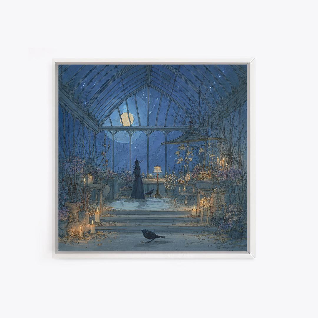 The Witch Queen Greenhouse - Surreal Celestial Vision, Spooky Wall Decor, Square Wall Art, Framed Canvas Print, Halloween Home Decor