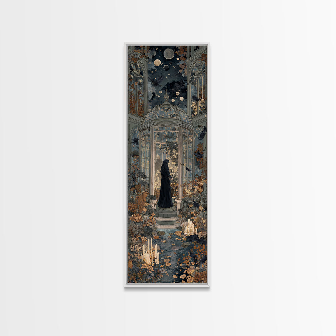 The Witch Queen Greenhouse - Surreal Celestial Vision, Spooky Wall Decor, Tall Narrow Wall Art, Framed Canvas Print, Halloween Home Decor