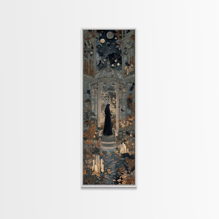 The Witch Queen Greenhouse - Surreal Celestial Vision, Spooky Wall Decor, Tall Narrow Wall Art, Framed Canvas Print, Halloween Home Decor