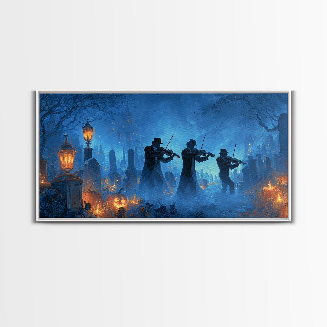 The Ghostly Violin Procession - Icon Portrait, Halloween Wall Art, Wide Panoramic Art, Framed Canvas Print, Halloween Home Decor