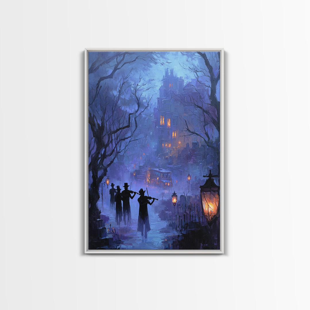 The Ghostly Violin Procession - Environmental Panorama, Spooky Wall Decor, Vertical Wall Art, Framed Canvas Print, Halloween Home Decor