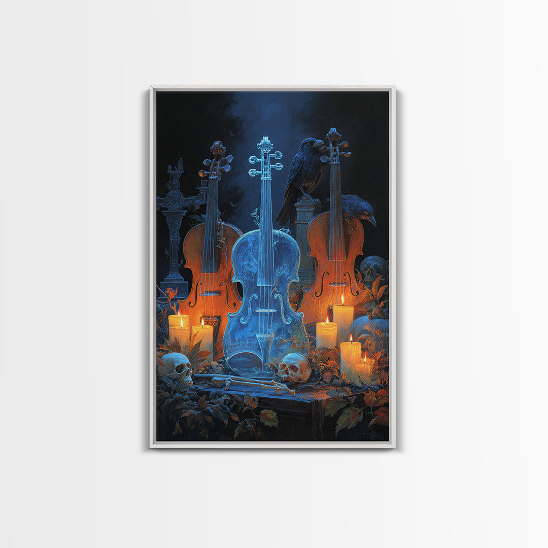 The Ghostly Violin Procession - Occult Still Life, Halloween Wall Art, Vertical Wall Art, Framed Canvas Print, Halloween Home Decor
