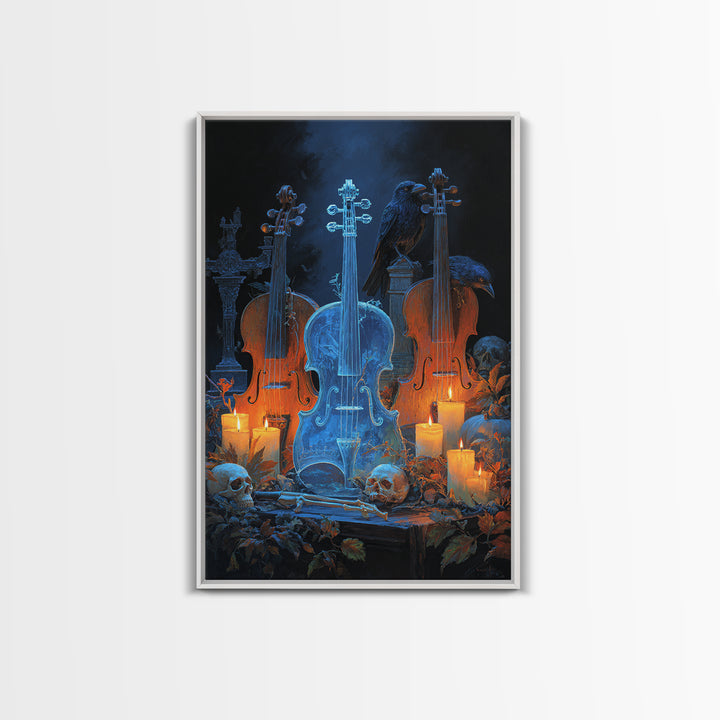 The Ghostly Violin Procession - Occult Still Life, Halloween Wall Art, Vertical Wall Art, Framed Canvas Print, Halloween Home Decor