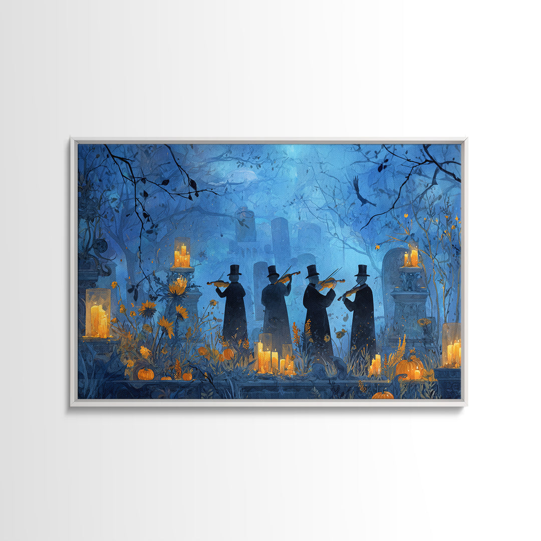 The Ghostly Violin Procession - Occult Still Life, Spooky Wall Decor, Landscape Wall Art, Framed Canvas Print, Halloween Home Decor