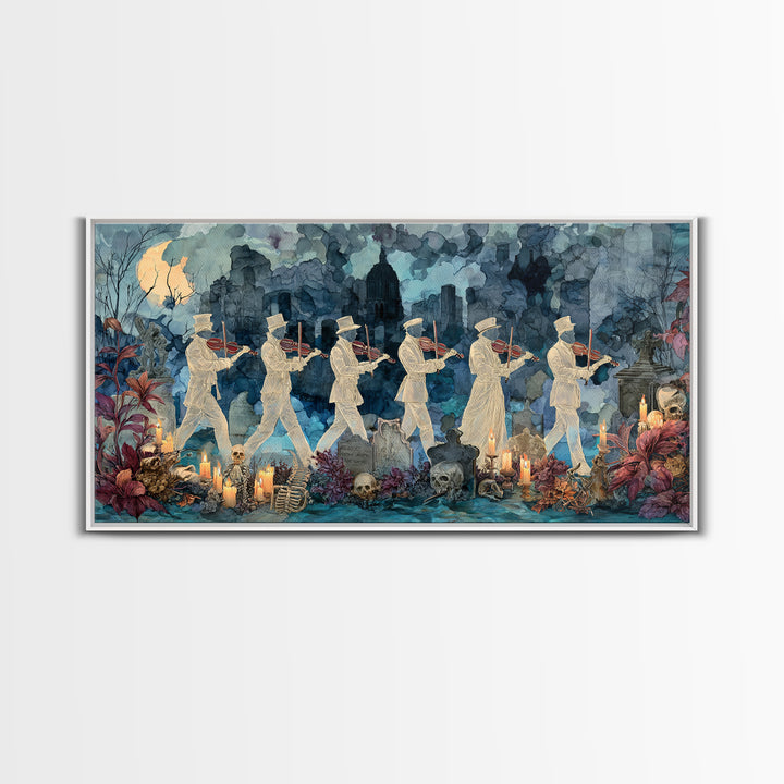 The Ghostly Violin Procession - Occult Still Life, Spooky Wall Decor, Wide Panoramic Art, Framed Canvas Print, Halloween Home Decor