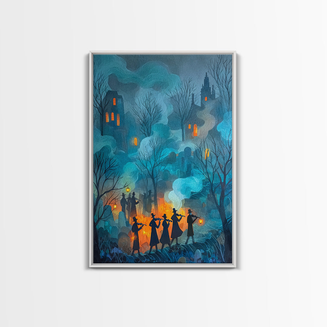 The Ghostly Violin Procession - Procession Scene, Macabre Halloween Art, Vertical Wall Art, Framed Canvas Print, Halloween Home Decor