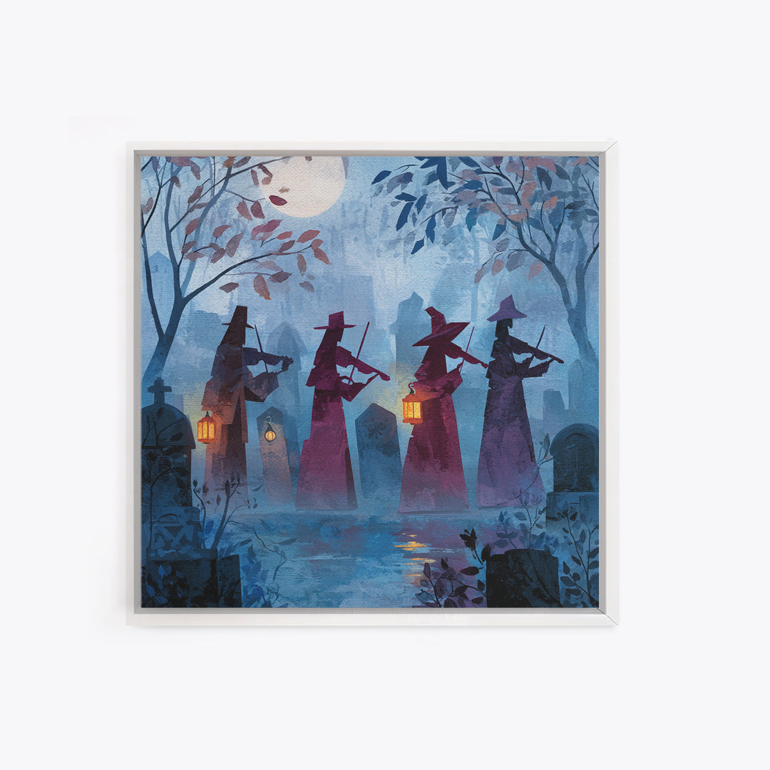 The Ghostly Violin Procession - Procession Scene, Macabre Halloween Art, Square Wall Art, Framed Canvas Print, Halloween Home Decor