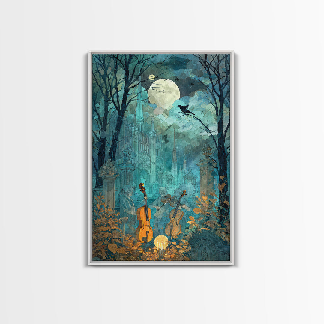 The Ghostly Violin Procession - Surreal Celestial Vision, Occult Wall Decor, Vertical Wall Art, Canvas Print, Halloween Home Decor