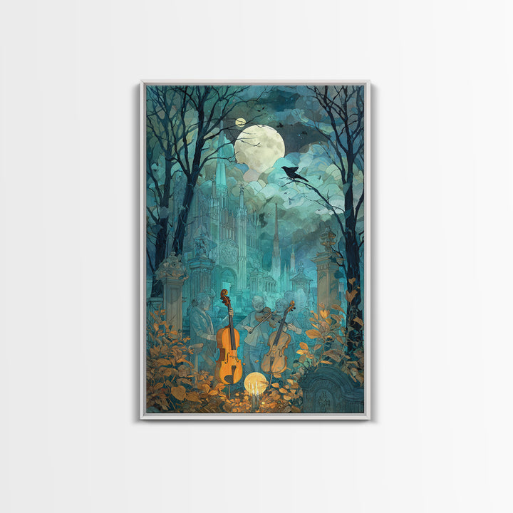 The Ghostly Violin Procession - Surreal Celestial Vision, Occult Wall Decor, Vertical Wall Art, Canvas Print, Halloween Home Decor