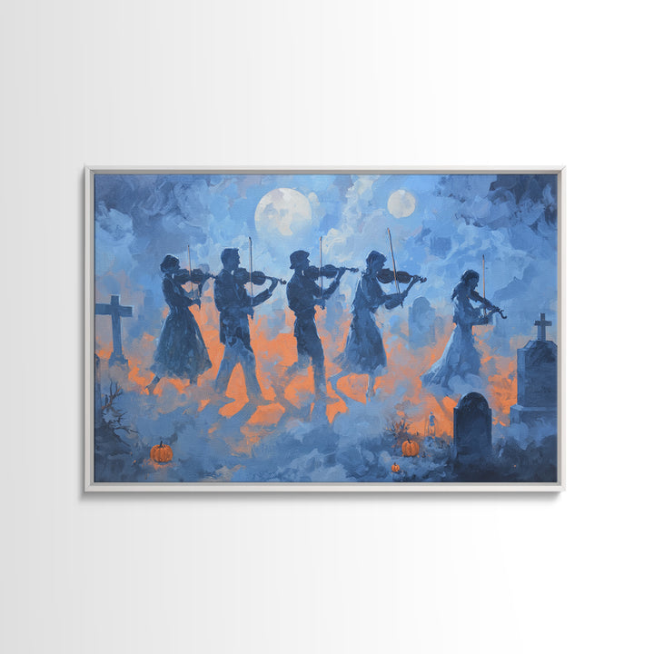 The Ghostly Violin Procession - Surreal Celestial Vision, Macabre Halloween Art, Landscape Wall Art, Framed Canvas Print, Gothic Wall Art