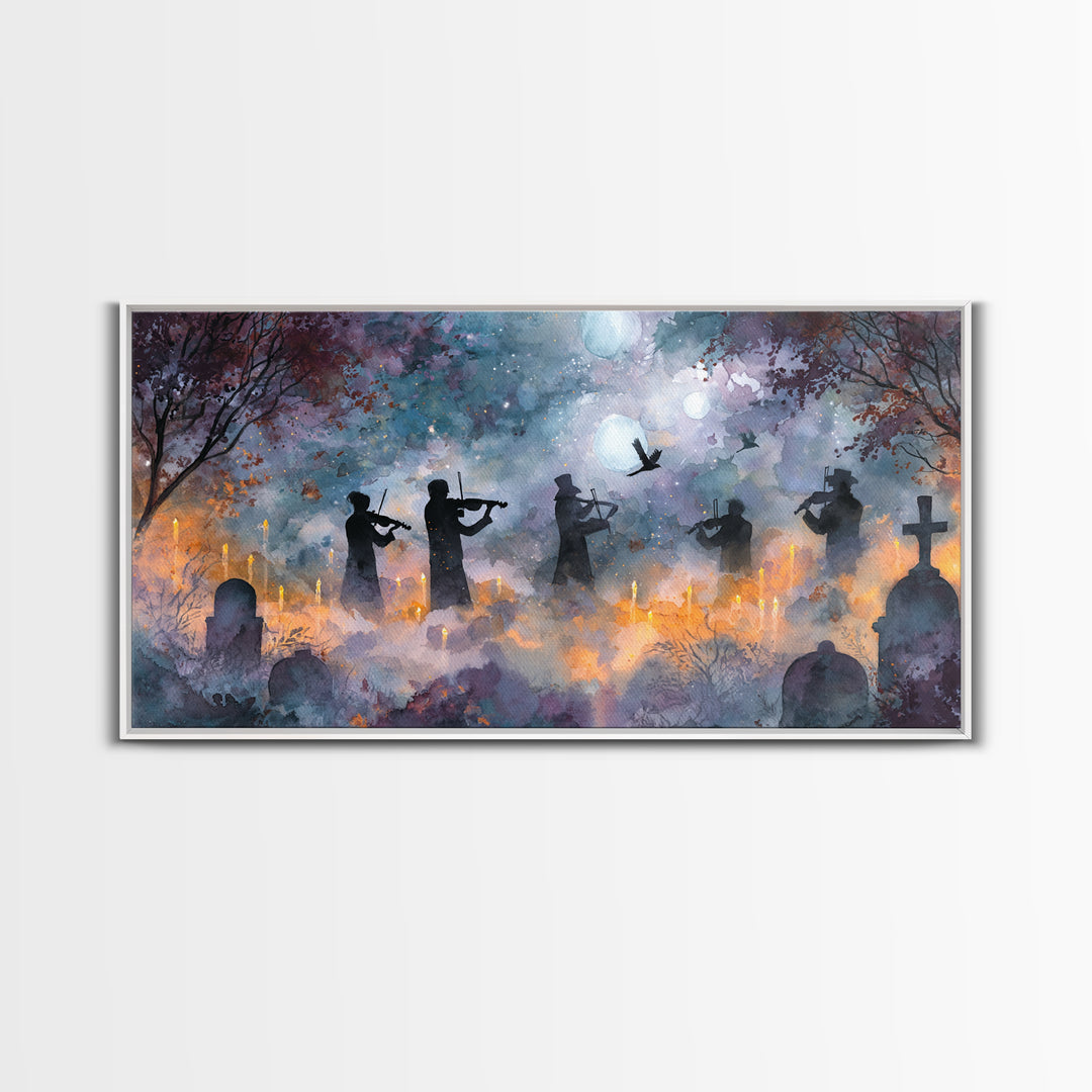The Ghostly Violin Procession - Surreal Celestial Vision, Gothic Home Decor, Wide Panoramic Art, Canvas Print, Halloween Home Decor