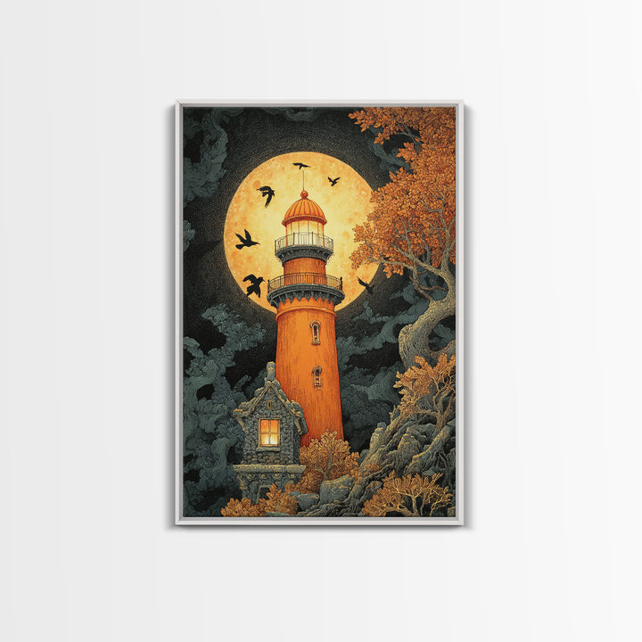 The Pumpkin Moon Lighthouse - Icon Portrait, Gothic Home Decor, Vertical Wall Art, Canvas Print, Halloween Home Decor, Gothic Wall Art