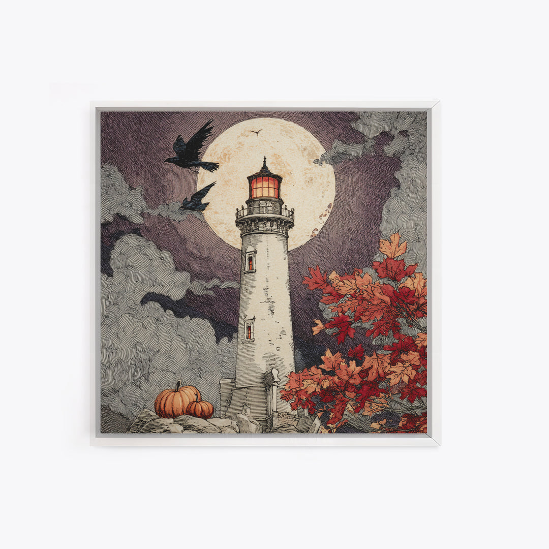 The Pumpkin Moon Lighthouse - Icon Portrait, Occult Wall Decor, Square Wall Art, Canvas Print, Halloween Home Decor, Gothic Wall Art