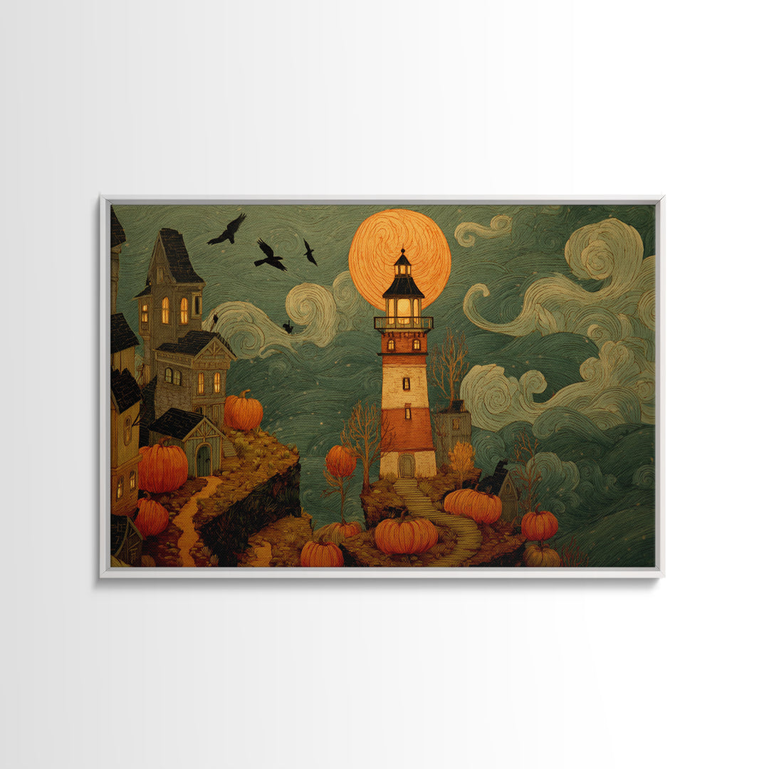 The Pumpkin Moon Lighthouse - Environmental Panorama, Dark Fantasy Wall Art, Landscape Wall Art, Canvas Print, Halloween Home Decor