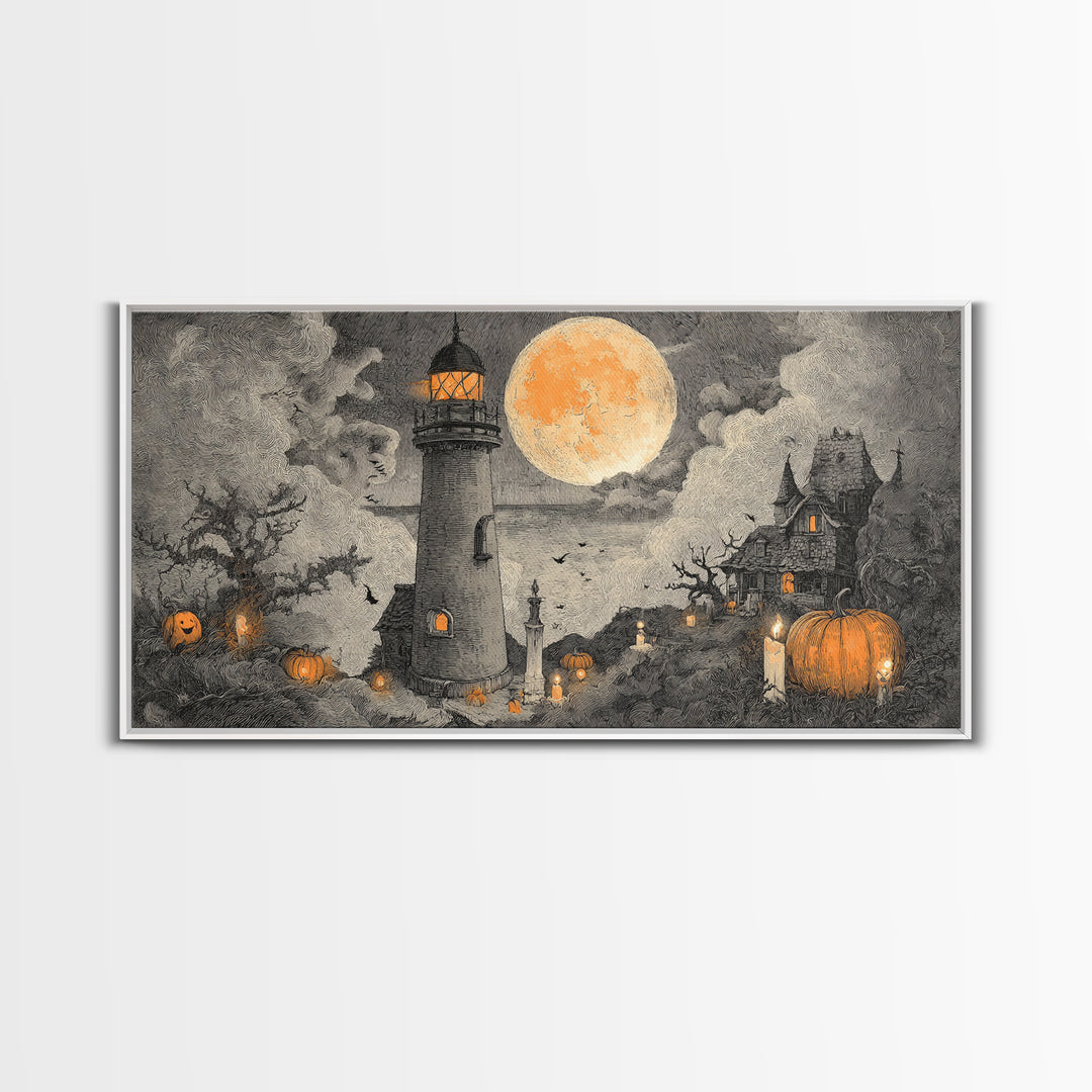 The Pumpkin Moon Lighthouse - Environmental Panorama, Dark Fantasy Wall Art, Wide Panoramic Art, Canvas Print, Halloween Home Decor