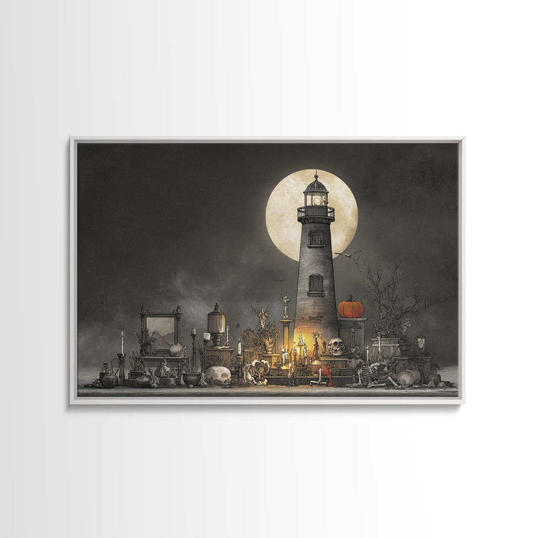 The Pumpkin Moon Lighthouse - Occult Still Life, Occult Wall Decor, Landscape Wall Art, Canvas Print, Halloween Home Decor, Gothic Wall Art