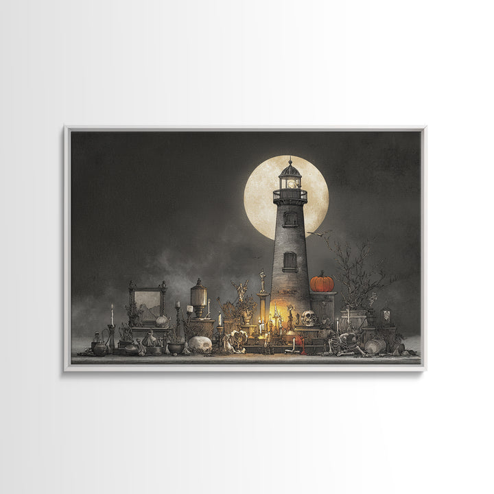 The Pumpkin Moon Lighthouse - Occult Still Life, Occult Wall Decor, Landscape Wall Art, Canvas Print, Halloween Home Decor, Gothic Wall Art