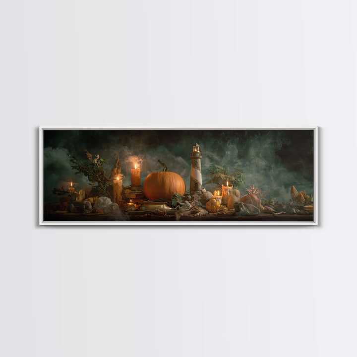 The Pumpkin Moon Lighthouse - Occult Still Life, Occult Wall Decor, Extra Wide Wall Art, Canvas Print, Halloween Home Decor, Gothic Wall Art