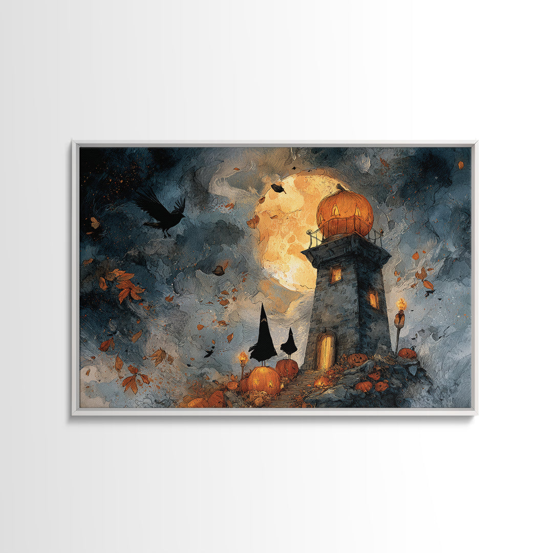 The Pumpkin Moon Lighthouse - Procession Scene, Dark Fantasy Wall Art, Landscape Wall Art, Canvas Print, Halloween Home Decor