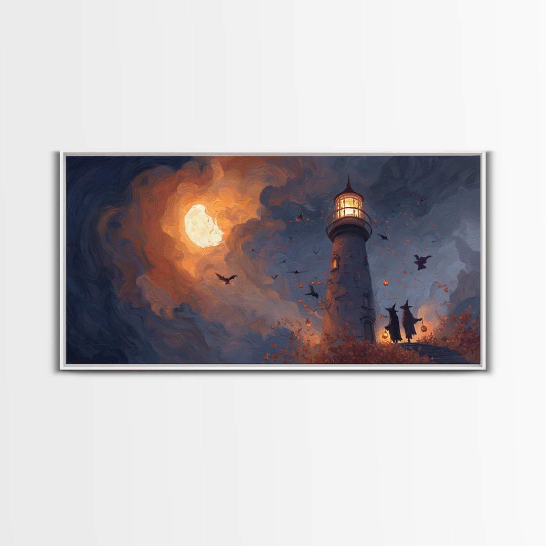 The Pumpkin Moon Lighthouse - Procession Scene, Occult Wall Decor, Wide Panoramic Art, Canvas Print, Halloween Home Decor, Gothic Wall Art