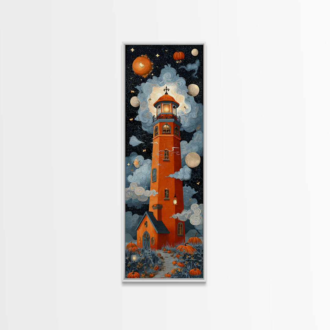 The Pumpkin Moon Lighthouse - Surreal Celestial Vision, Spooky Wall Decor, Tall Narrow Wall Art, Framed Canvas Print, Halloween Home Decor
