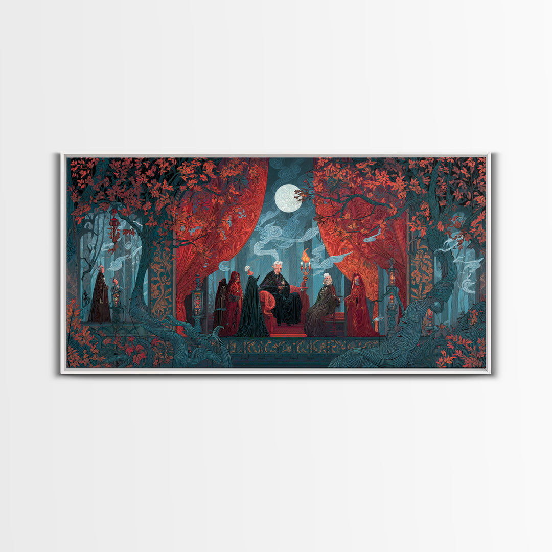 The Velvet Vampire Conservatory - Procession Scene, Gothic Home Decor, Wide Panoramic Art, Canvas Print, Halloween Home Decor