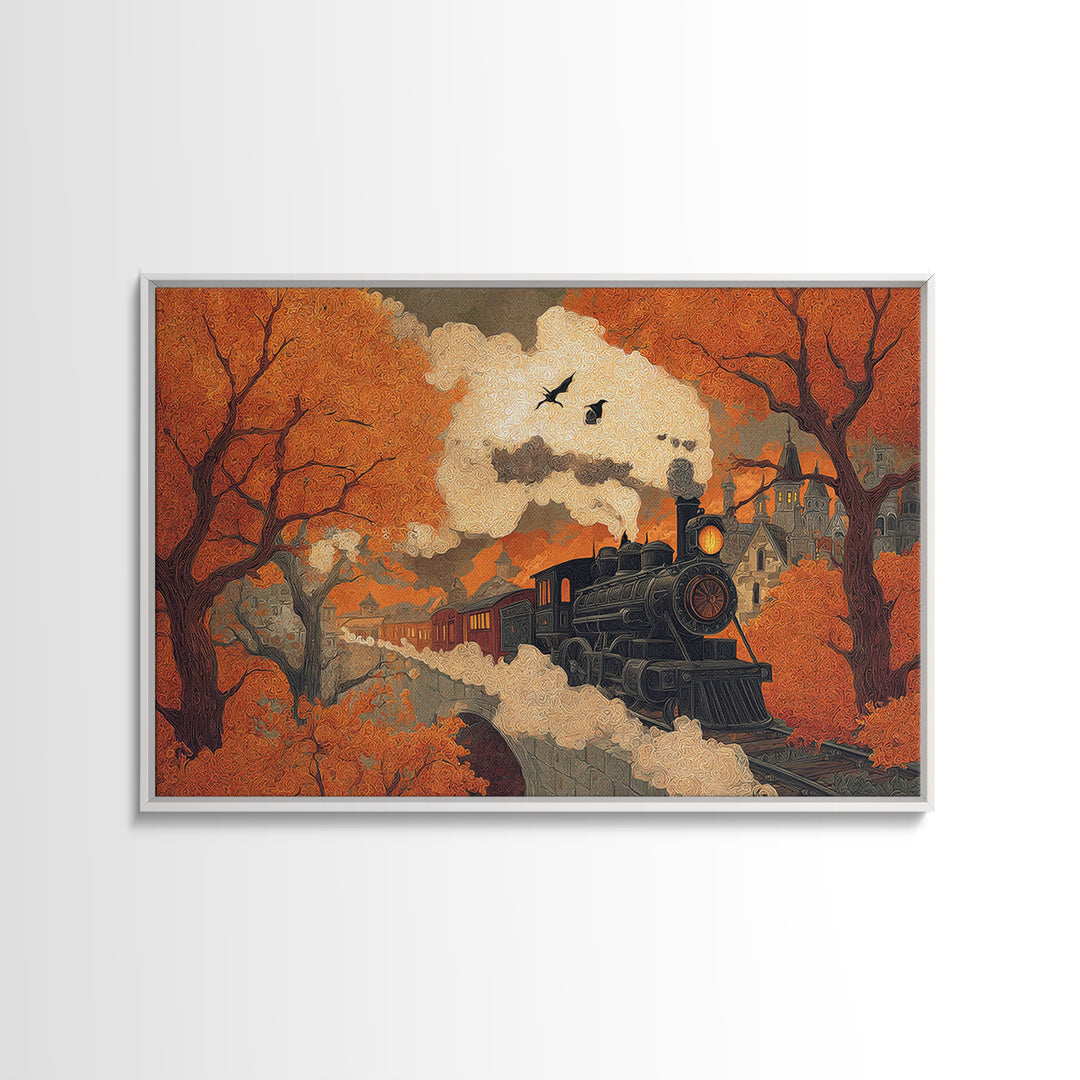 The Phantom Train Of October - Environmental Panorama, Halloween Wall Art, Landscape Wall Art, Framed Canvas Print, Halloween Home Decor