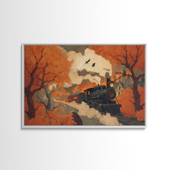 The Phantom Train Of October - Environmental Panorama, Halloween Wall Art, Landscape Wall Art, Framed Canvas Print, Halloween Home Decor
