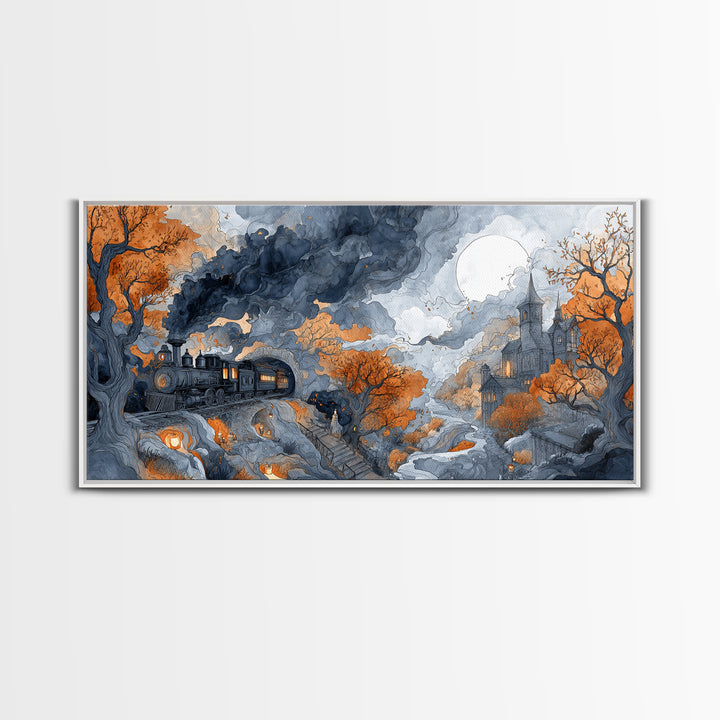 The Phantom Train Of October - Environmental Panorama, Dark Fantasy Wall Art, Wide Panoramic Art, Canvas Print, Halloween Home Decor