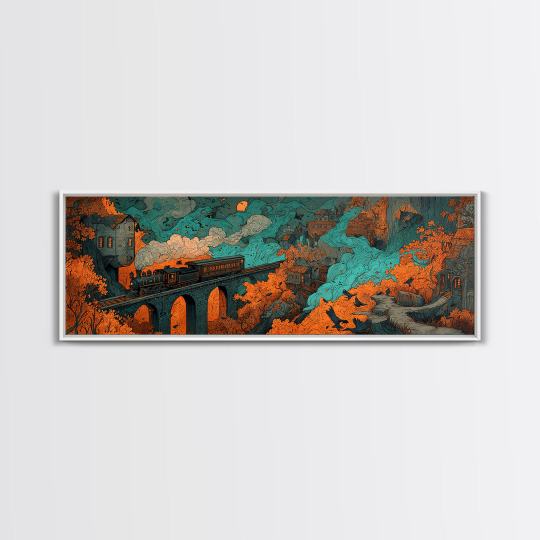 The Phantom Train Of October - Environmental Panorama, Spooky Wall Decor, Extra Wide Wall Art, Framed Canvas Print, Halloween Home Decor