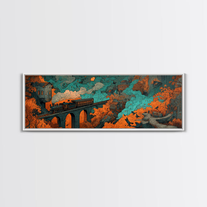The Phantom Train Of October - Environmental Panorama, Spooky Wall Decor, Extra Wide Wall Art, Framed Canvas Print, Halloween Home Decor