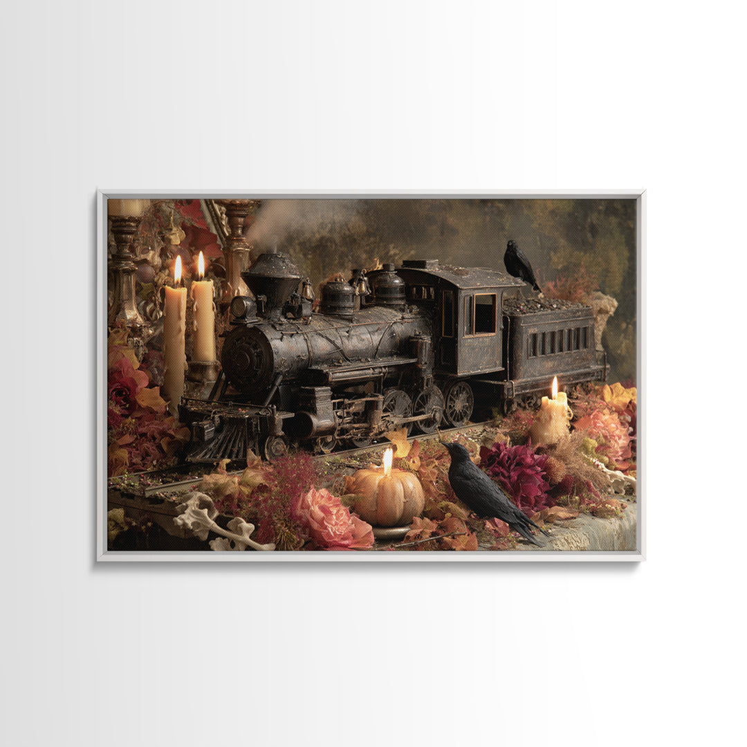 The Phantom Train Of October - Occult Still Life, Macabre Halloween Art, Landscape Wall Art, Framed Canvas Print, Halloween Home Decor