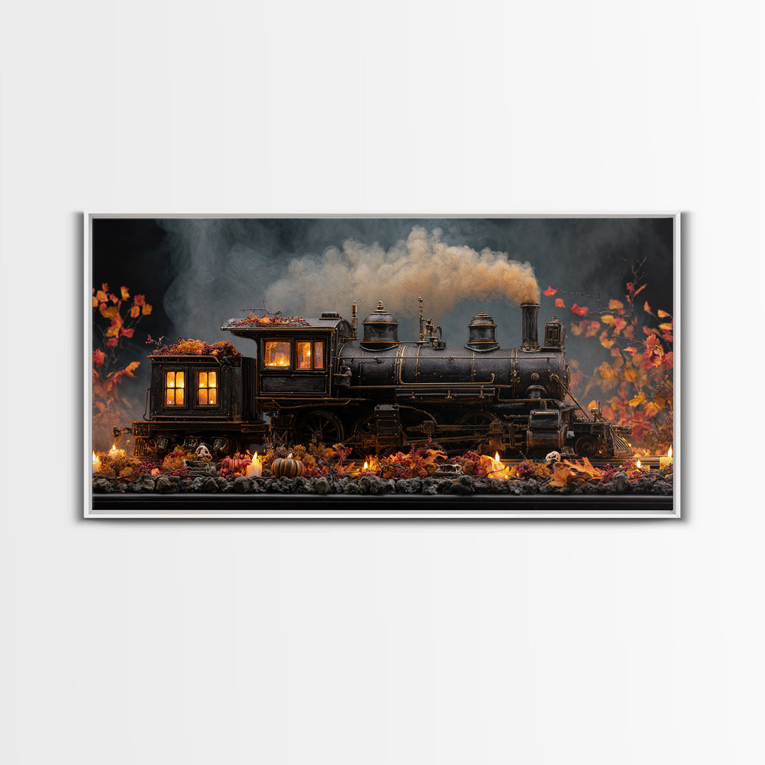 The Phantom Train Of October - Occult Still Life, Macabre Halloween Art, Wide Panoramic Art, Framed Canvas Print, Halloween Home Decor