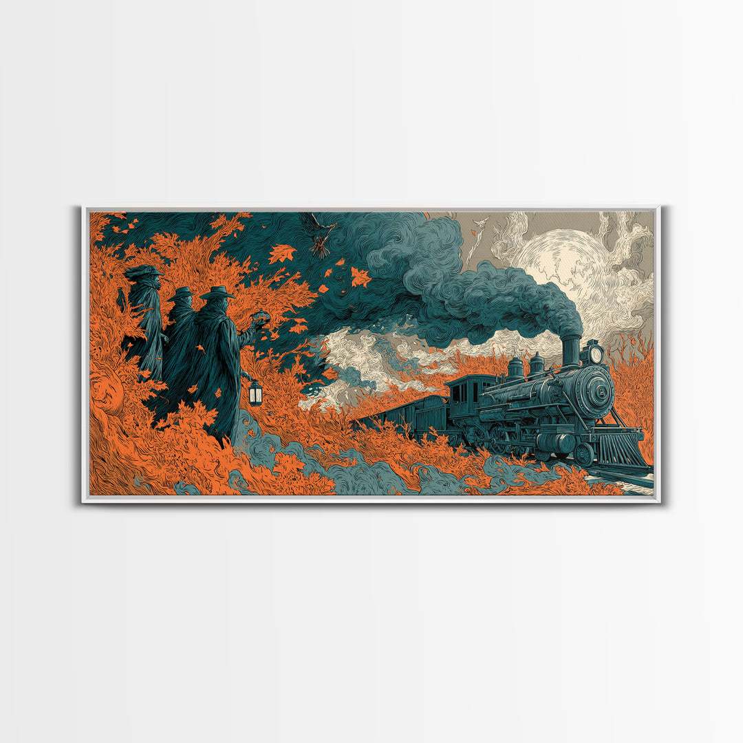 The Phantom Train Of October - Procession Scene, Halloween Wall Art, Wide Panoramic Art, Framed Canvas Print, Halloween Home Decor