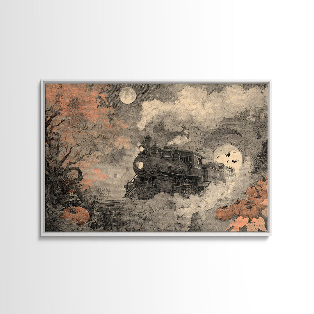 The Phantom Train Of October - Surreal Celestial Vision, Occult Wall Decor, Landscape Wall Art, Canvas Print, Halloween Home Decor