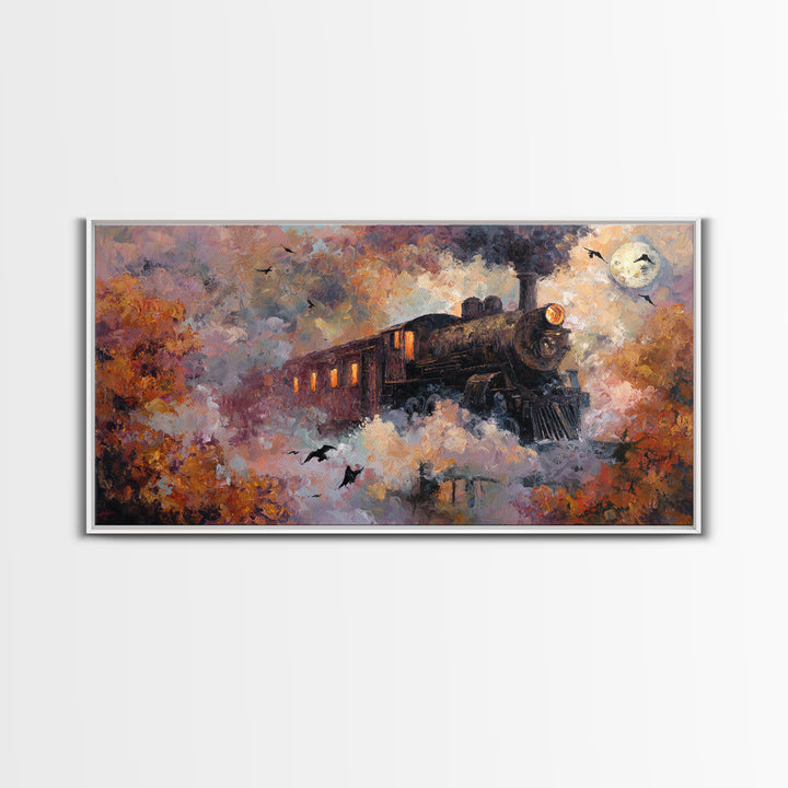 The Phantom Train Of October - Surreal Celestial Vision, Spooky Wall Decor, Wide Panoramic Art, Framed Canvas Print, Halloween Home Decor