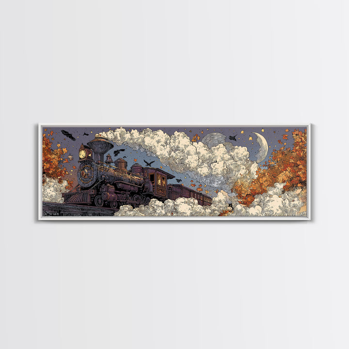 The Phantom Train Of October - Surreal Celestial Vision, Spooky Wall Decor, Extra Wide Wall Art, Framed Canvas Print, Halloween Home Decor