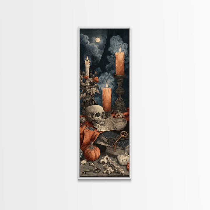 The Bone Key Still Life - Occult Still Life, Spooky Wall Decor, Tall Narrow Wall Art, Framed Canvas Print, Halloween Home Decor